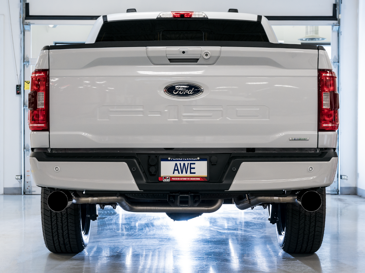 AWE 0FG Dual Side Exit Exhaust for 2021+ Ford F-150 - 4.5" Chrome Silver Tips