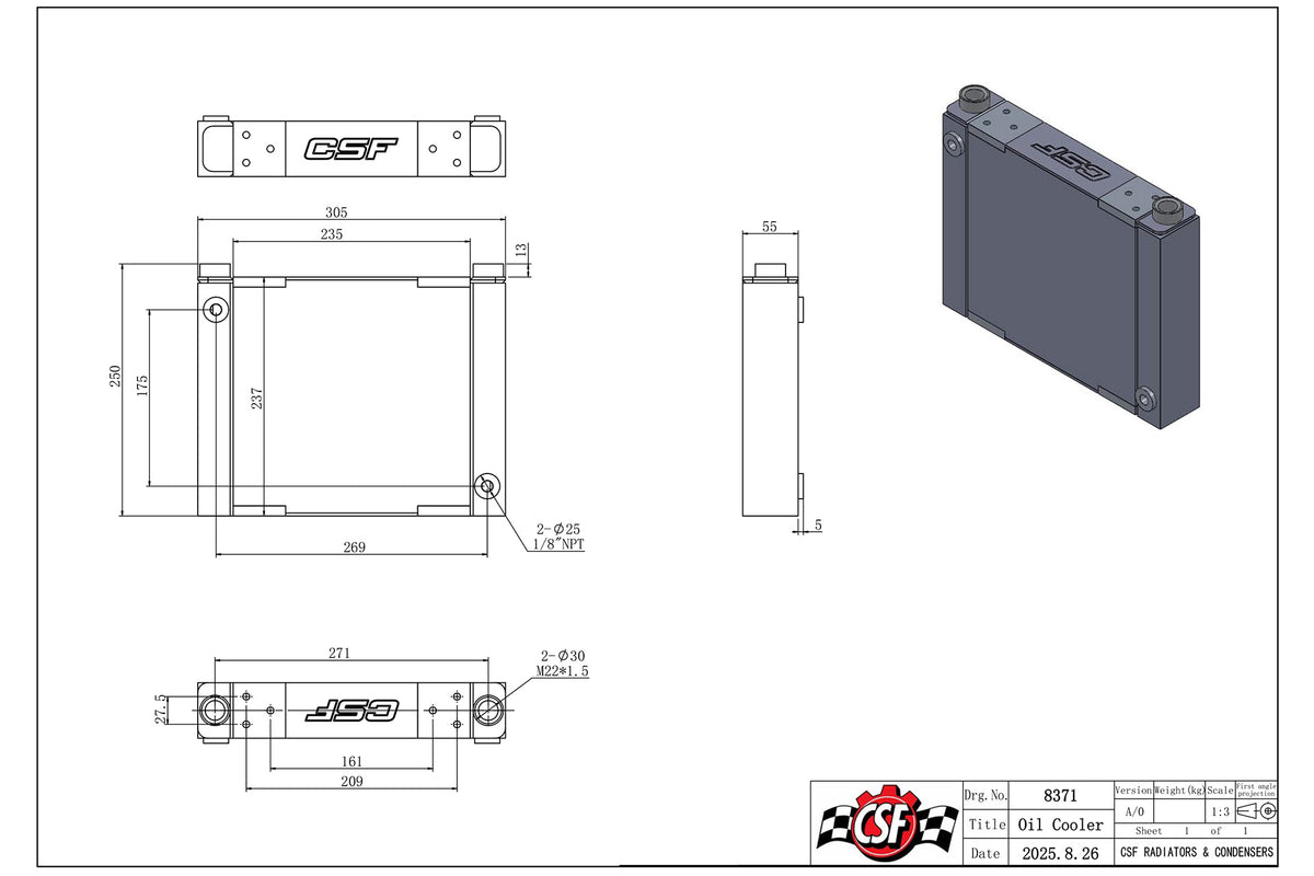 CSF Universal Large Single-Pass Oil Cooler / M22 x 1.5 / 12.0L x 9.33H x 2.16W