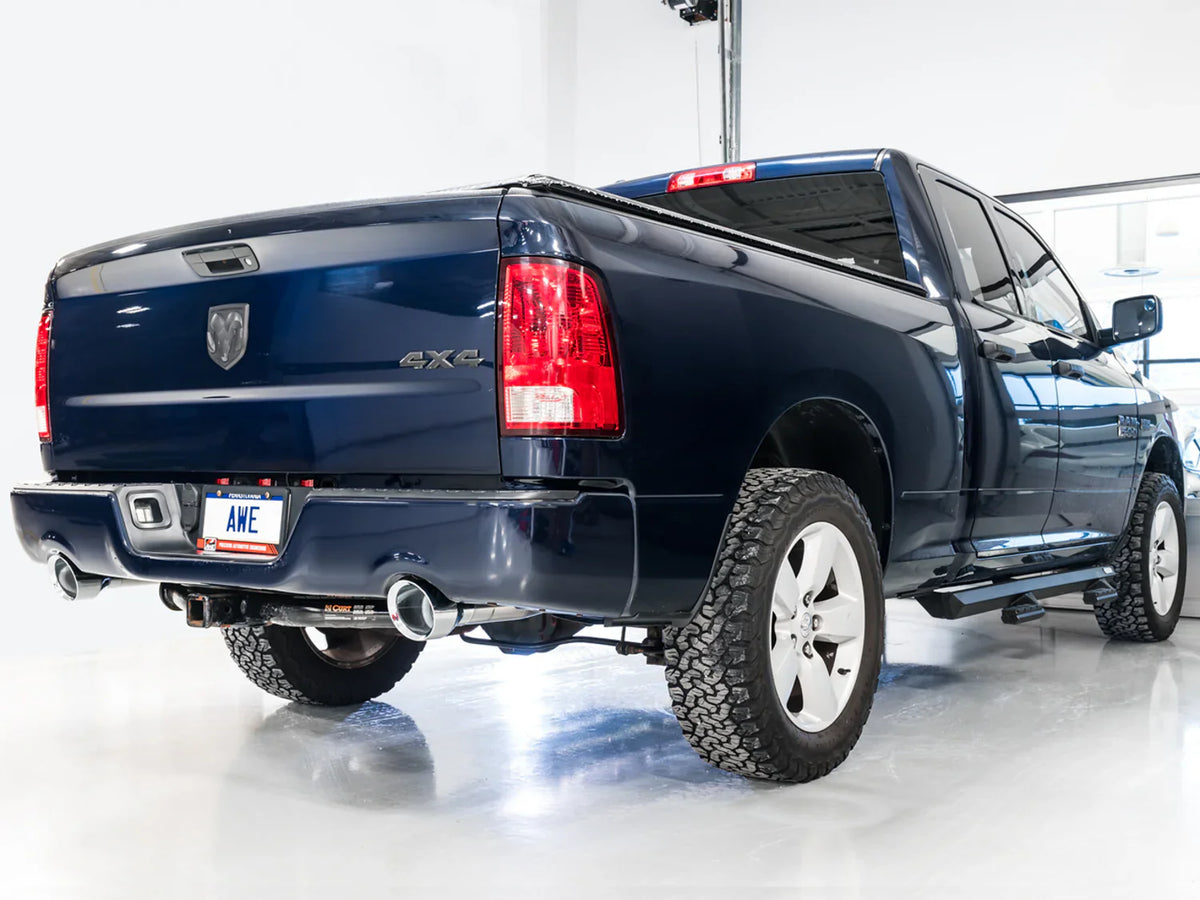 AWE 09-18 RAM 1500 5.7L (w/Cutouts) 0FG Dual Rear Exit Cat-Back Exhaust - Chrome Silver Tips